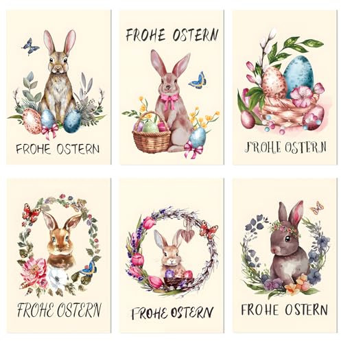 BOFUNX 24 Stück Osterkarten mit Umschlag Set Klappkarten Frohe Ostern Grußkarten aufklappbar Oster Karten Set mit Osterhase und Ostereier