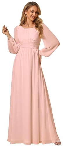 Ever-Pretty Plus Vestido Casual Largo para Mujer Corte Imperio Escote Redondo Talla Grande A-línea Manga Larga Elegantes Rosado 38