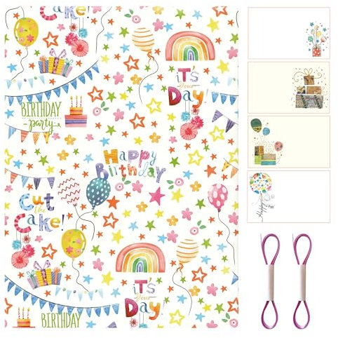 ARKRAFT Geschenkpapier-Set 4 Bögen Format 90 x 65 cm 4 Grußkarte 2 x 5 m Band (Set 18-9171)