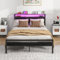 BORPHOM Double Bed Frame with Storage Shelf Headboard and Charging Station/LED Lights,Metal Platform Bed Frame Double Bed No Box Spring Needed,Strong Steel Slats Support,Under-bed Storage,Black Bed
