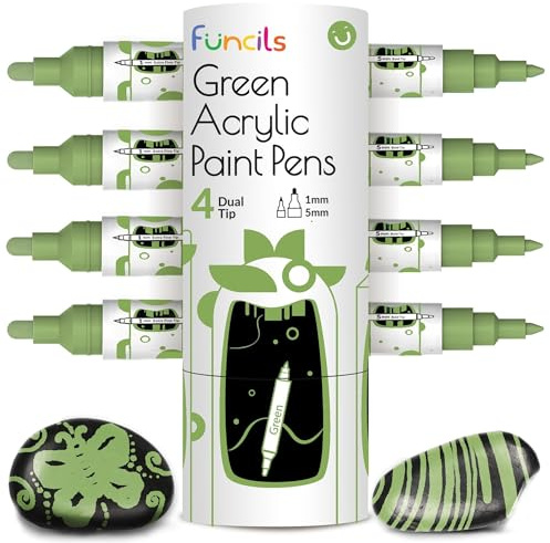 4 Dual Tip Green Paint Pen Metallic - Fine Tip & Medium Acrylic Paint Markers - Green Paint Marker for Metal, Wood, Rock Painting, Canvas, Ceramic, Glass, Fabric, Leaf and Plastic - Water-based Ink