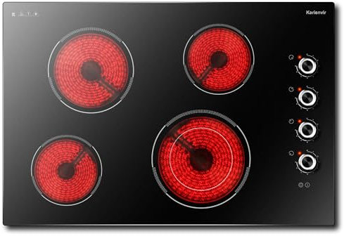 Karienvir Glaskeramikkochfeld 77cm 4 Platten Einbau, Keramikkochfeld mit Knopf-Steuerung, Herdplatte 4 Kochfelder mit Erweiterbare Zone, 9 Heizstufen, Kein Stecker, 6700W