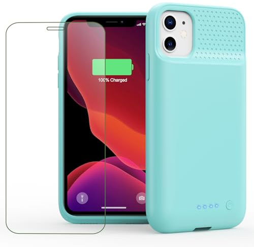 Feob Battery Case for iPhone 11/XR (6.1inch),Upgraded 7500mAh Slim Portable Charger Case Cover,External Battery Pack Charging Case with Tempered-Glass Screen Protector for iPhone 11/iPhone XR (Green)