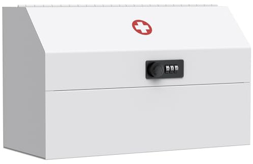 Uniclife Wall Mount Medicine Cabinet with Combination Lock Locking First Aid Cabinet Lockable Medical Cabinet Small Medicine Organizer Metal Storage Box, White