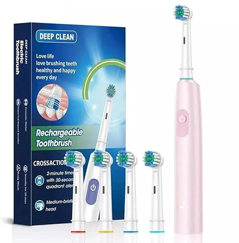 Electric Toothbrush Rotary Rechargeable for Adults Rotating Toothbrush with Soft Brush Heads Deep Clean Electric Toothbrush with 2 Minute Smart Timer IP67 Waterproof (Pink, 4 Heads)