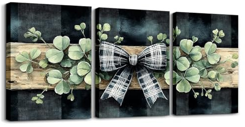 Erosebridal Black And White Lattice Wall Art For Living Room Four Leaf Clover Wall Decor,Rustic Wooden Paintings Wall Decor Buffalo Plaid Artwork Posters