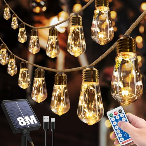 RISEMART Solar Lichterkette Aussen Mit 16 Glühbirnen, 8M Solar Lichterkette Outdoor mit 8 Modi, Fernbedienung Wetterfest Gartenbeleuchtung für Garten, Balkon, Hof, Party, Hochzeit - Warmes Licht