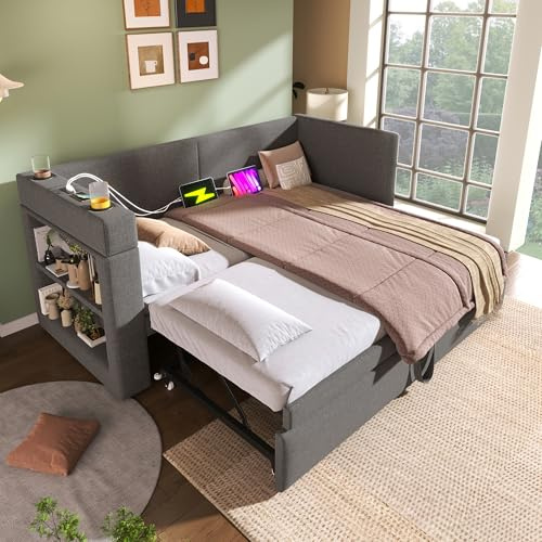 HESHU Tagesbett Bett mit USB und Getränkehalter, Schlafcouch mit Ausziehbett, Polsterbett, Gästebett, Ausziehbar zum Doppelbett, Schlafsofa, Samt, ohne Matratze,Grau