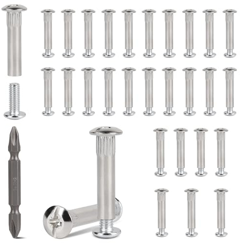 EFUTURETIME 30 Set di Viti di Collegamento M6 per Spessore Legno 36-46 mm, Viti di Rilegatura a Manicotto in Acciaio Nichelato, Connettore per Mobili con Testa a Croce PH2