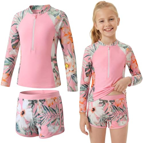 Baogaier Girls Swimming Costume Two Piece Swimsuit Sun Protection Long Sleeve Zip Rash Guard with Shorts Quick Dry Beach Surfing Swimwear Floral Print Bathing Suit Age 5-6 Years, Pink