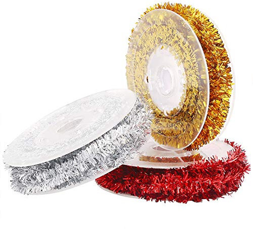 VEYLIN Xmas Tinsel Wire Garland, 3 Pack Christmas Tinsel Ribbon for Holiday Present Wrapping Decoration DIY Craft Supplies (3 Colors)