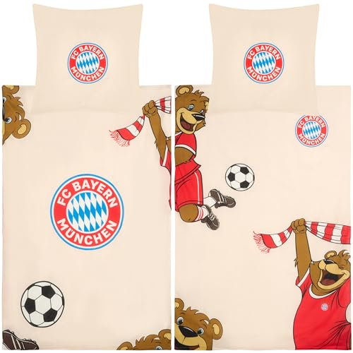 FC Bayern München Bettwäsche Berni Maskottchen 135 x 200 cm + 80 x 80 cm 100% Baumwolle Renforcé-Linon-Qualität Mia San Mia Alianz Arena Fußball FCB deutsche Größe mit Reißverschluss