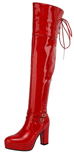 MJIASIAWA Damen Prom Chunky Heel Thigh Lack Warm Plateau Boots Prom Party Runde Zehen Kleid Reißverschluss Reitstiefel Rot Gr 46 EU/48 Asiatisch