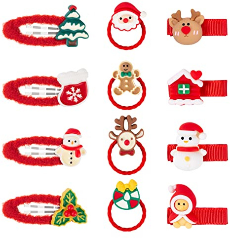 12 Piezas Accesorios de Pelo Navideños para Niña, Pinzas y Gomas de Pelo, Clips para El Cabello para Niños y Bebé