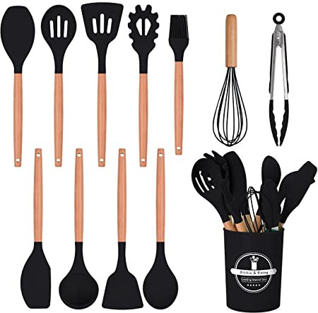 FIOUSY Kitchen Utensil Set, 12 PCS Silicone Cooking Utensils Set with Wooden Handle, Heat Resistant, Nonstick Cookware Tongs Spatula Spoon Set, Dishwasher Safe, Best Kitchen Tools (Black)