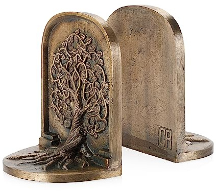 CRAFTSMAN ROAD Tree of Life Bookends, Antique Brass, 2 Decorative Bookends for Shelves or Bookcase, Cast Iron, Non-Skid Heavy Bookends, Home Décor Gift