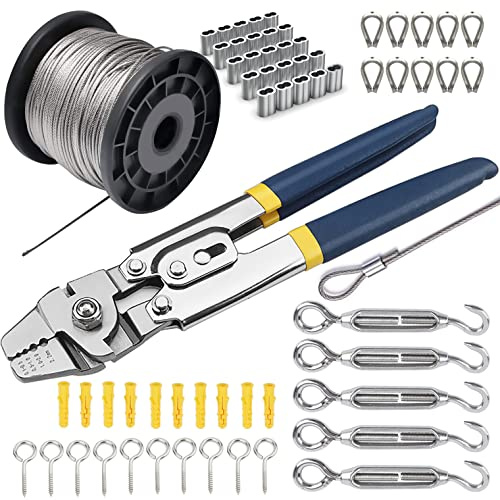 Turnbuckle Kit & Wire Rope Crimping Tool, 100ft Vinyl Coated Aircraft Cable (1/16 Inch Overmolded to 5/64 Inch) - Guy Wire Tensioner for Garden String Light, Picture, Clothes Hanging