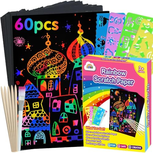 ZMLM 60 Pièces Carte à Gratter Enfant Adulte Loisir Creatif, Carte a Gratter Dessin Enfants AVCE 4 Règles de Gabarit de Dessin, 5 Stylets en Bois et 1 Pinceau pour Dessins, Écriture, Bricolage, Jeux