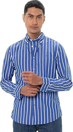 Tommy Hilfiger Uomo Camicia Flex Poplin Nautical in Cotone, Multicolore (Optic White/Wedge Blue), XS