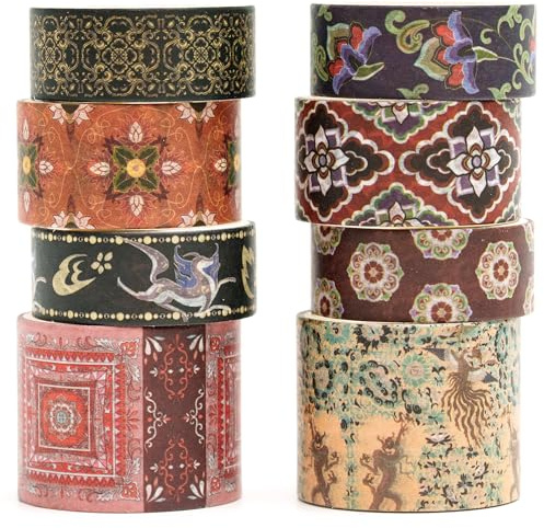 Songdao 8 rullar retro washi tejpset, dekorativa antika maskeringstejp, färgglada för konst, gör-det-själv-hantverk, dagbok, planerare, scrapbook, förpackning (Dunhuang)