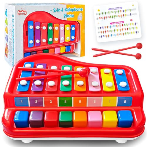 JUYOUNGA Kids Musical Instruments, 2 in 1 Baby Piano Xylophone for Toddlers 1-3 Years Old, 8 Multicolored Key Keyboard, Preschool Educational Learning Toy for Girl Boy Gifts