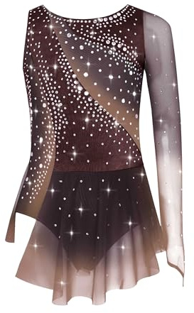 Sxiwei Fille Robe Patinage Artistique Asymétrique Une Epaule Strass Justaucorps Gymnastique Danse Spectacle Tenue Enfant 5-16 Ans Marron 9-10 Ans
