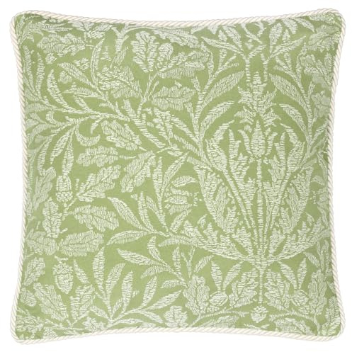 Morris&Co. Acorn Tonal Feather Rich Filled Cushion – Piped Jacquard Woodland Pillow with Rope Trim (Sage - 50x50cm)