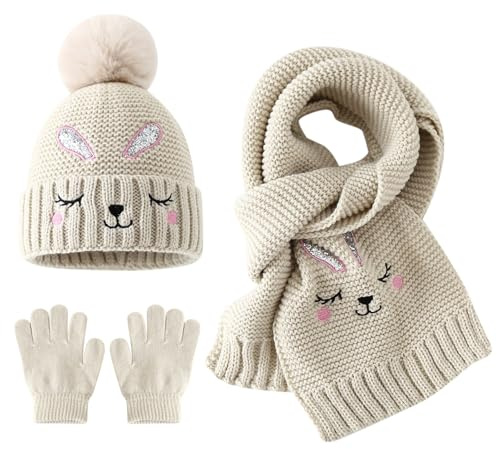 Conjunto de Beanie Bufanda Guantes para Niños, Gorro de Punto Cálido Invierno con Bordado de Conejo de Ojos Cerrados y Pompon, Sombrero Térmico Invierno Set para Niñas 2-6 Años (Beige)