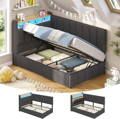 Polsterbett mit LED Beleuchtung, Jugendbett 90 x 200 cm, boxspringbett mit Ladestation, Kopfteil mit verstecktem Stauraum, Bettgestell mit großer Bettkasten, für Schlafzimmer, Gästezimmer, Grau