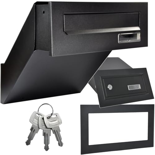 Väggkastning, brevlåda med ram, väderbeständig, svart, matt, RAL9017 | Inbyggd brevlåda, väggtjocklek 260–420 mm, frontplatta, 285 x 110 mm, stålplåt, pulverlackerad A4-inkast inklusive 3 nycklar