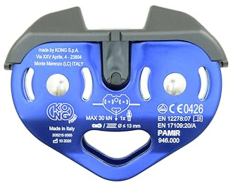Kong Pamir Fast. Carrucola Professionale a Doppia puleggia per Parchi Avventura, Zipline e Paranchi. in Alluminio e Acciaio Inox. Made in Italy. EN 12278, 17109. 365g. Blu.