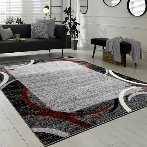 Paco Home Wohnzimmer Teppich Bordüre Kurzflor Meliert Modern Hochwertig Grau Schwarz Rot, Grösse:120x170 cm