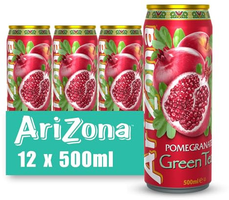 Arizona Pomegranate Green Tea, Delicious Fruit Iced Tea Drink, No Artificial Colours or Preservatives, Pack of 12 Cans x 500 ml