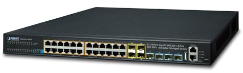 PLANET Layer 3 24 porte 10/100/1000T PoE 802.3at Switch 4 porte 10G SFP+ uplinks stackable Web managed