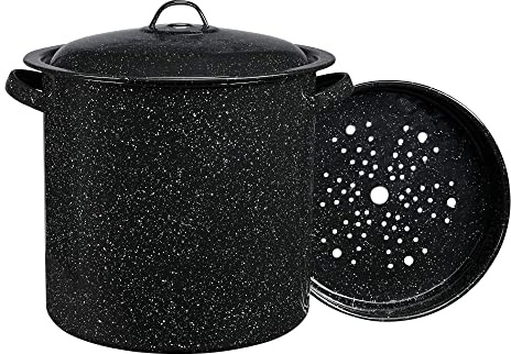 Granite Ware 15.5 Qt Steamer Pot With Rack, Black - Multi-Tier Steam Pot for Cooking Tamales, Seafood, Vegetables - Durable Porcelain Cookware with Steel Core - Everyday Versatile Cookware