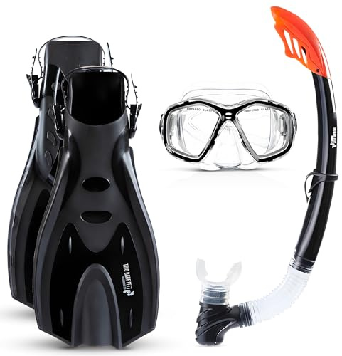 Two Bare Feet Snorkel, Mask and Fins/Flippers PVC Snorkelling Set (Adults) With Anti Fog and Wide View Mask, Anti-Leak, Tempered Glass - Scuba Dive Snorkelling Sets