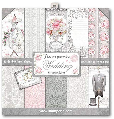 STAMPERIA Wedding Papierblock 10 Blätter doppelseitig Hochzeit, Papier, Mehrfarbig, 30 x 30
