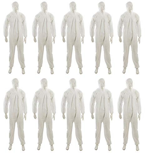 Dapetz ® 10 Pack Disposable Coverall Protective Suits Overall Suits with Hood XL 180cm 70, Elastic Cuffs, Ankles, and Hood, Zip Front Opening for Painting, Cleaning, Safety Workwear, Men, Women