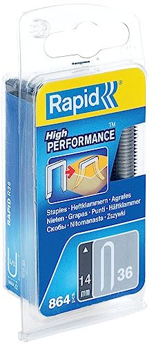 Rapid High-Performance Rounded Crown Staples for Low-Voltage 6mm Cables, Flatwire No. 36, Leg Length 14mm, Staple Gun Staples, Galvanised steel, 864 Pieces, Narrow Blister (40109627)