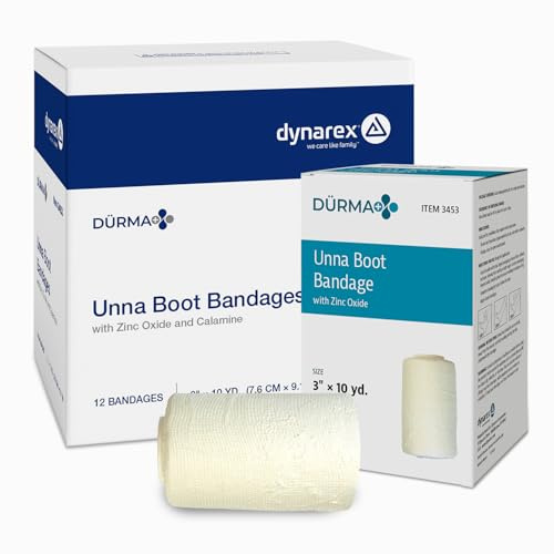Dynarex Dürma+ Unna Boot Bandages with Zinc Oxide - Maintains Moist Environment and Provides Compression for Leg Ulcers, Edema, Sprains - 3 x 10 yds - Case of 12 Rolls