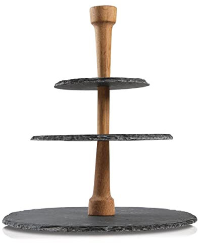 Boska Party Tower® - Etagere de Pizarra de 3 Tres Pisos - Mango de Roble - para presentar Queso, Tapas y Aperitivos - Negro - ⌀ 30 cm
