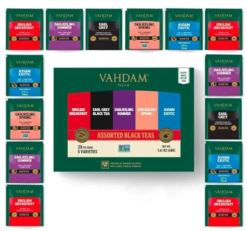 VAHDAM, Assortiment De Thés Noirs - Coffret Cadeau De Thé (5 Saveurs, 20 Sachets De Thé) Coffret D'Infusion De Avec Mélanges De Thé Noir | Cadeaux De Pour Lui/Elle