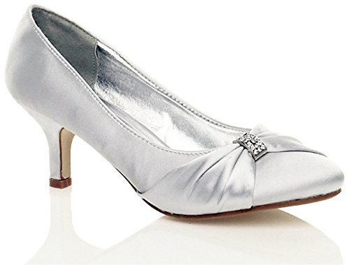 WOMENS SATIN HEELS LADIES WEDDING BRIDAL BRIDESMAID STILETTO LOW MID KITTEN HEEL DIAMANTE BUCKLE EVENING PARTY PROM SLIP ON CLOSE TOE SMART FORMAL CLASSIC SHOES PUMP SIZE 7 UK Silver