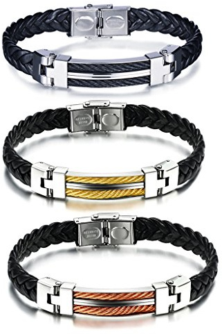 Yumilok, set di tre braccialetti intrecciati, realizzati in acciaio inox e pelle, di colore nero, oro e arancione, unisex