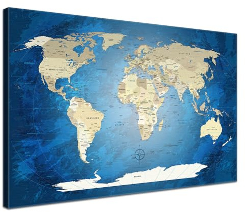 LANA KK Stilvolle Pinnwand Weltkarte - Blue Ocean - Deutsch in 100 x 70 cm, stabile Rückwand zum Pinnen inkl. Starterkit - Leinwand-Kunstdruck Wandbild Landkarte XXL