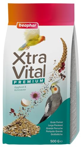 Beaphar - XtraVital Alimento para Periquitos Grandes, Agapornis, Ninfas, Carolinas, Cotorras Pequeñas, Alimento Equilibrado con Frutas, Semillas, Pasta de Huevo, 500 g