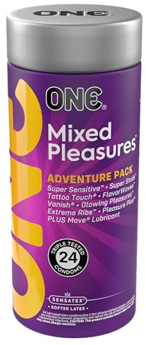 ONE® Condoms Mixed Pleasures™ Variety Pack | Ultra Thin, Glowing, Flavored, and Textured Condoms | 24 Count