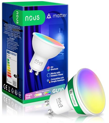 NOUS GU10 RGB Matter LED Bulb, Wi-Fi Light Bulb, Compatibile con Alexa, Google Home, Home Assistant, Tuya Smart Life, App Controlled Light, Light Bulb Colour Change, LED Light Bulb Dimmable