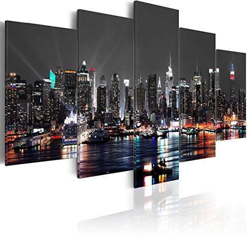 B&D XXL Acrylglasbild New York 200x100 cm 5 Teilig Wandbild auf Acryl Glasbilder Kunstdruck Moderne Acrylglas Platte Wanddekoration Geschenke Heimdekoration Glasbild Skyline Architektur Night grau