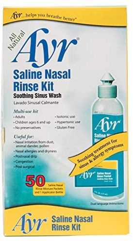 Ayr Saline Nasal Rinse Kit Soothing Sinus Wash, 50 Count Saline Nasal Rinse Mixture Packets Plus Applicator Bottle